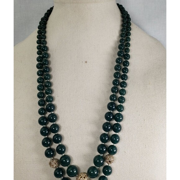 Vintage Talbots Green Bead Rhinestone Ball Two Strand 26" Necklace NWT - Picture 3 of 15